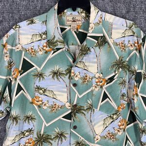SEVEN‎ PALM SHIRT MENS XL GREEN SILK BAGGY HAWAIIAN PALM CAMP HIBICUS EASY-CARE